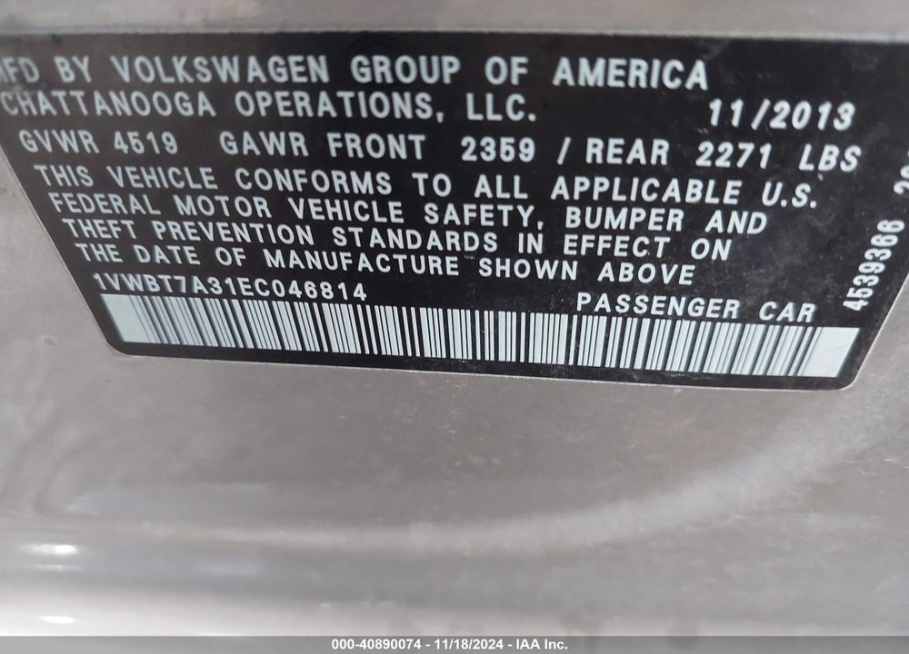 2014 VOLKSWAGEN PASSAT 1.8T SE VIN: 1VWBT7A31EC046814