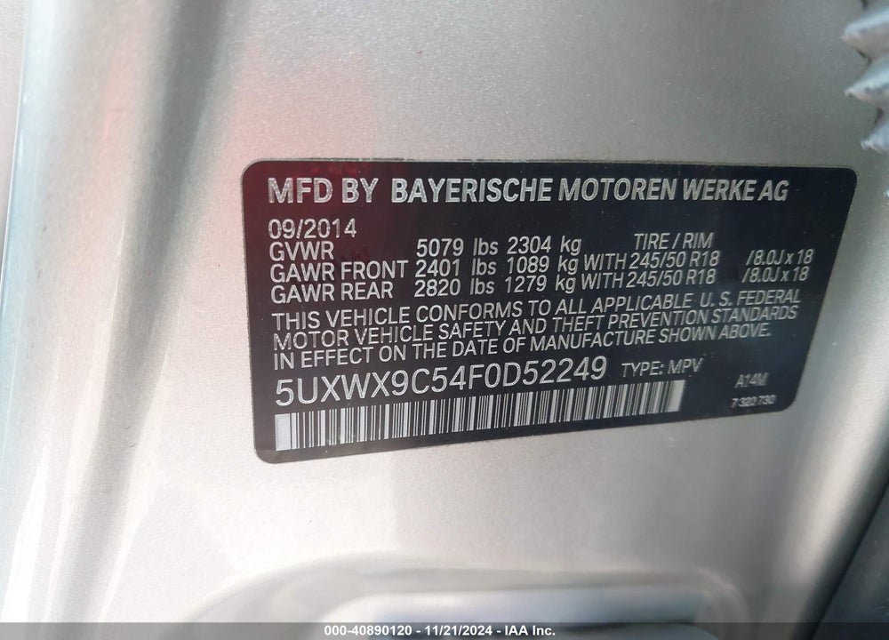 2015 BMW X3 XDRIVE28I VIN: 5UXWX9C54F0D52249