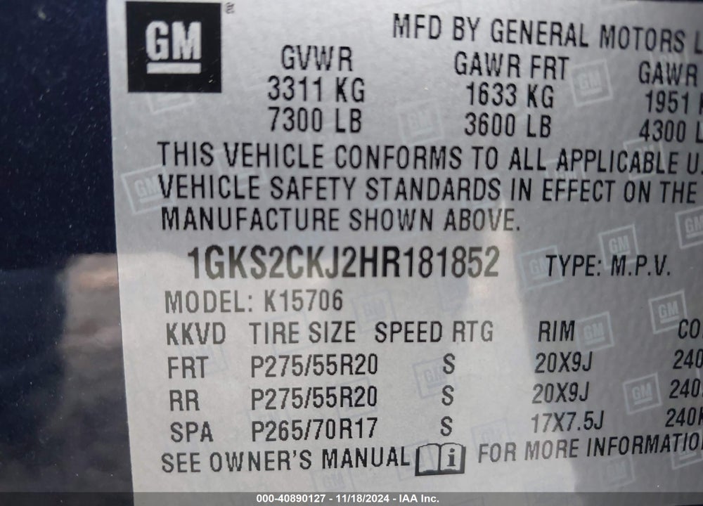 2017 GMC YUKON DENALI VIN: 1GKS2CKJ2HR181852