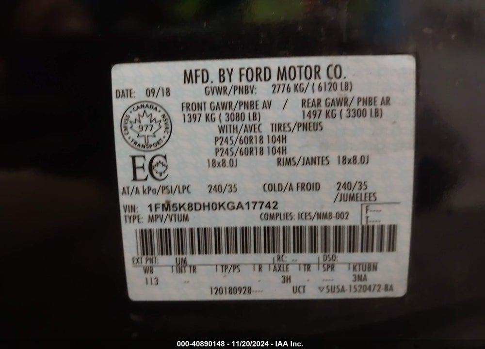 2019 FORD EXPLORER XLT VIN: 1FM5K8DH0KGA17742