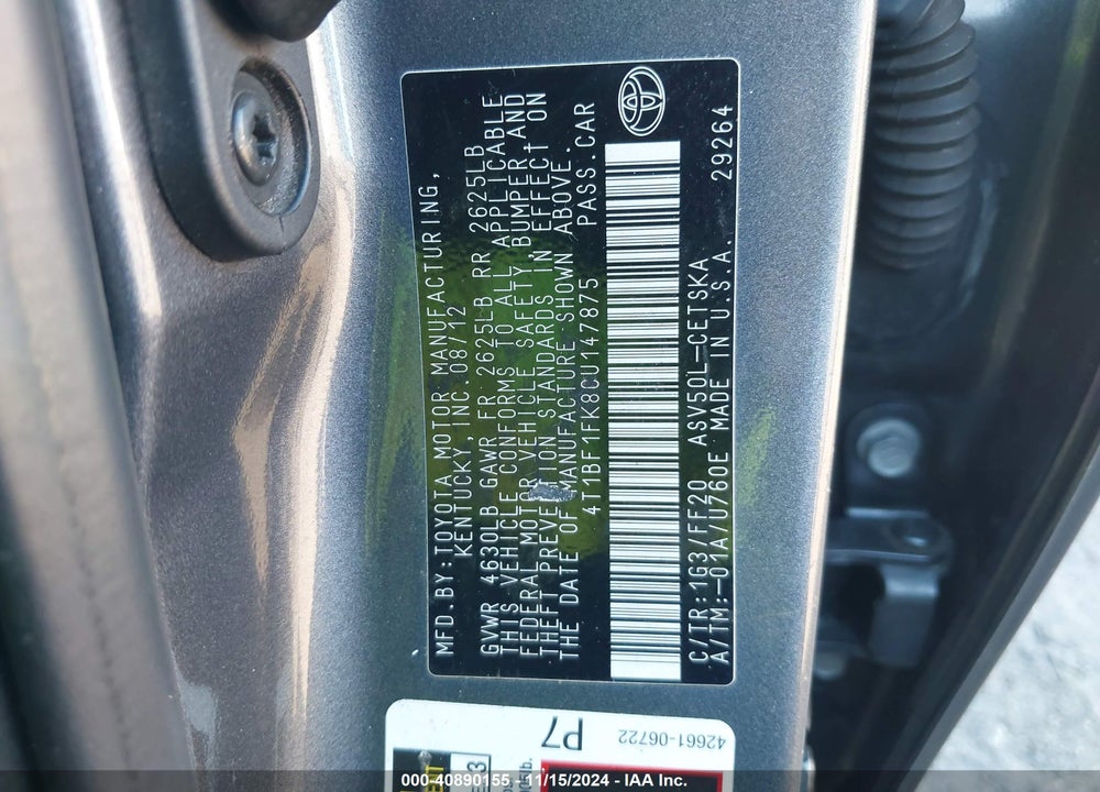 2012 TOYOTA CAMRY SE VIN: 4T1BF1FK8CU147875