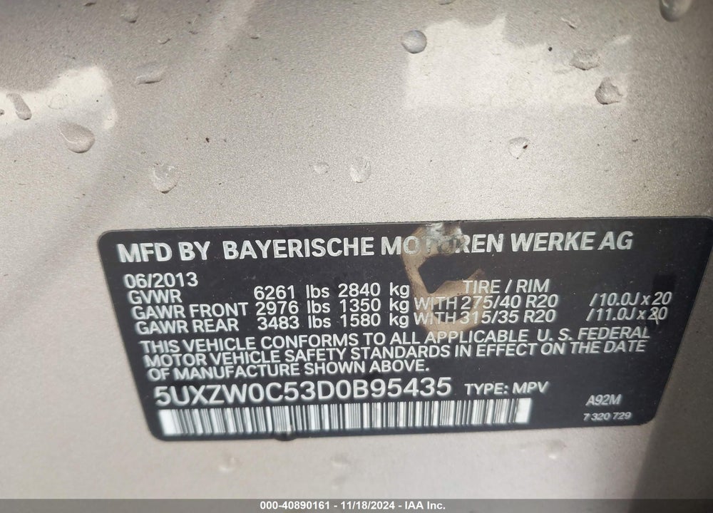 2013 BMW X5 XDRIVE35D VIN: 5UXZW0C53D0B95435