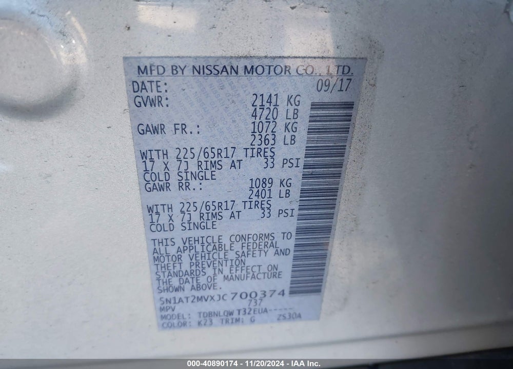 2018 NISSAN ROGUE SV VIN: 5N1AT2MVXJC700374