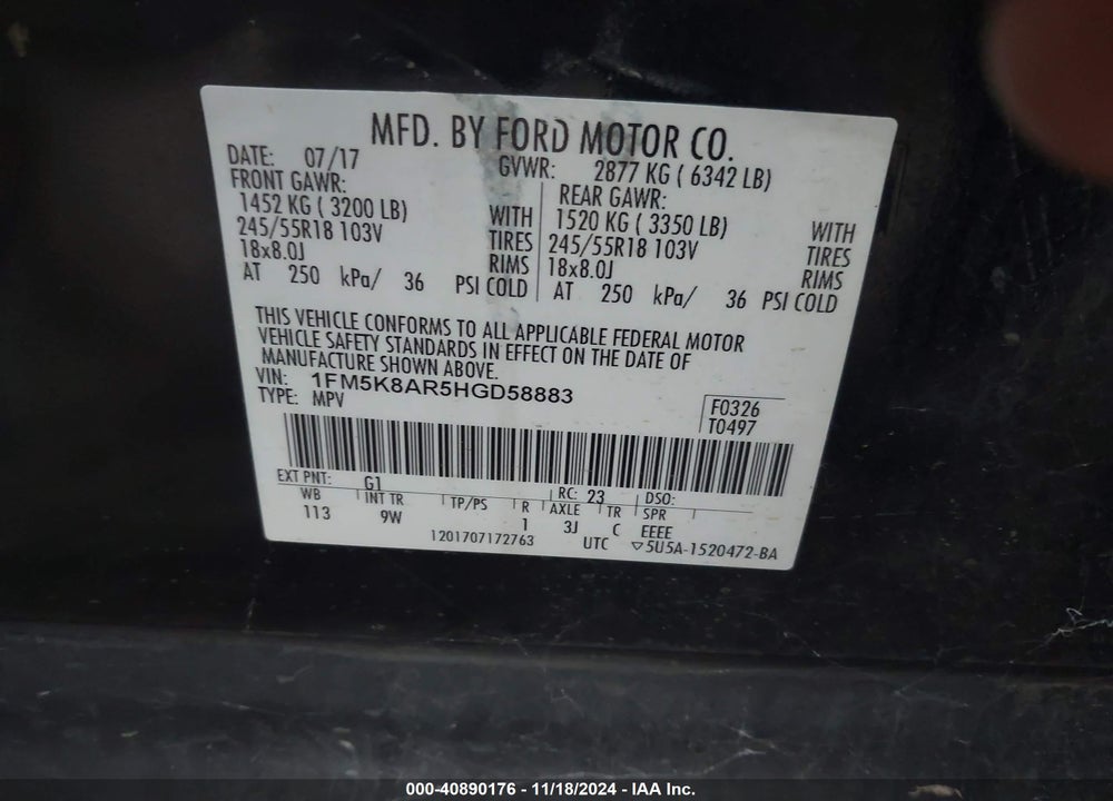 2017 FORD UTILITY POLICE INTERCEPTOR VIN: 1FM5K8AR5HGD58883