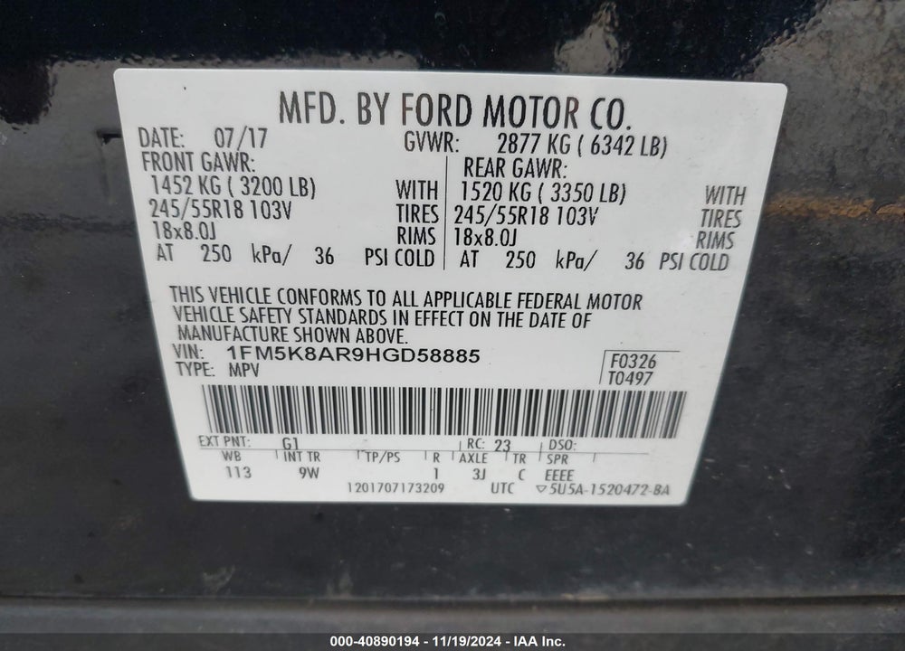 2017 FORD UTILITY POLICE INTERCEPTOR VIN: 1FM5K8AR9HGD58885