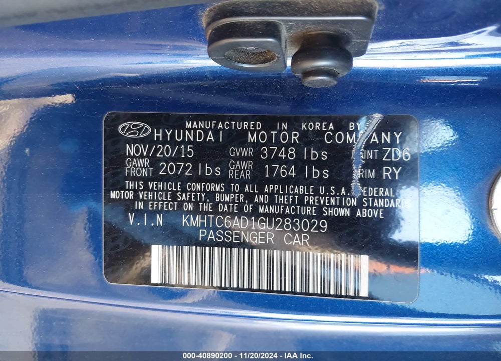 2016 HYUNDAI VELOSTER VIN: KMHTC6AD1GU283029