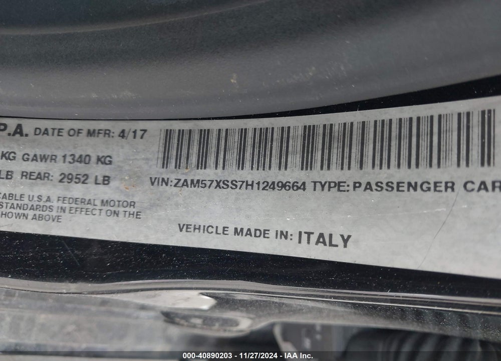 2017 MASERATI GHIBLI VIN: ZAM57XSS7H1249664