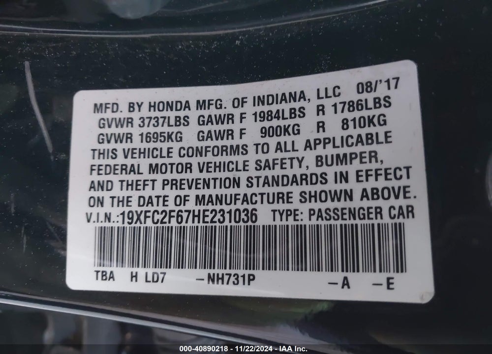 2017 HONDA CIVIC LX VIN: 19XFC2F67HE231036