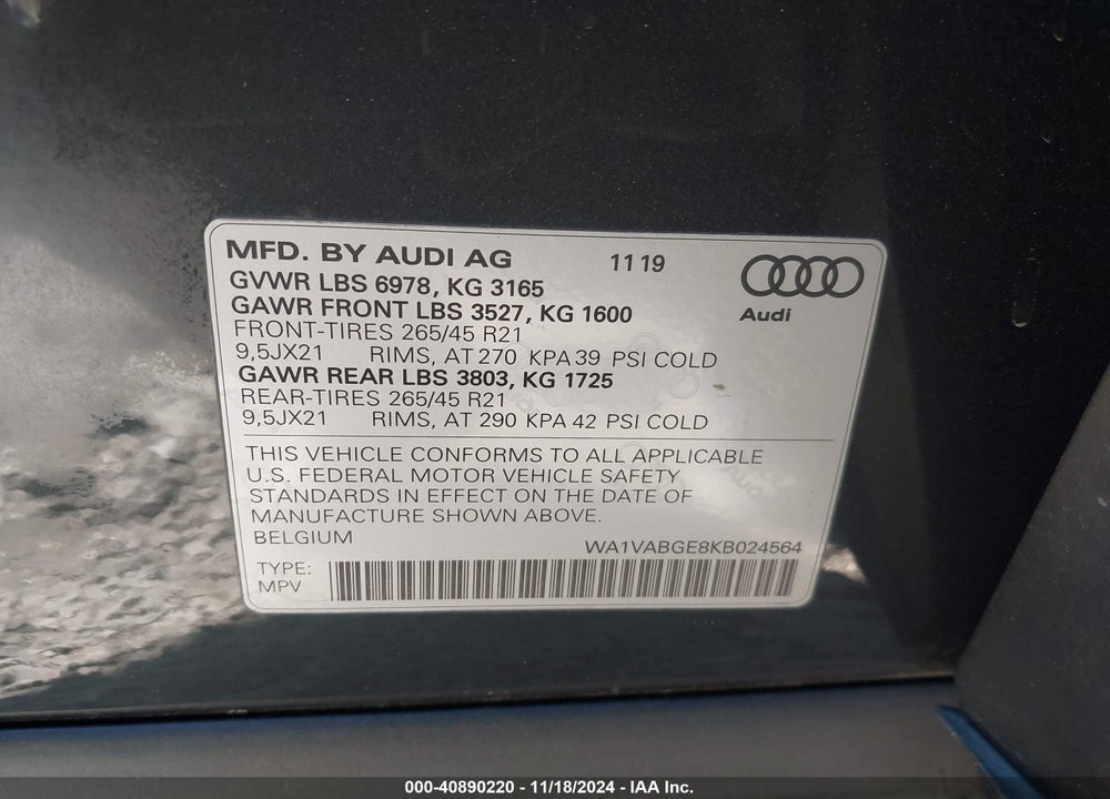2019 AUDI E-TRON VIN: WA1VABGE8KB024564