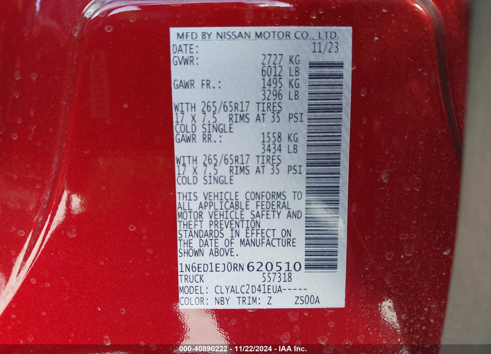 2024 NISSAN FRONTIER SV 4X2 VIN: 1N6ED1EJ0RN620510