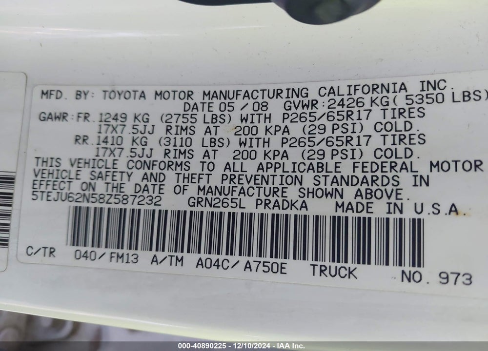 2008 TOYOTA TACOMA DOUBLE CAB PRERUNNER VIN: 5TEJU62N58Z587232