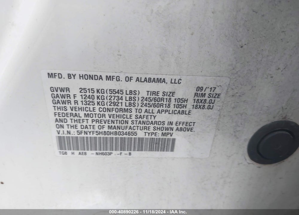 2017 HONDA PILOT EX-L VIN: 5FNYF5H80HB034655
