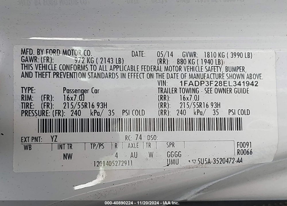 2014 FORD FOCUS VIN: 1FADP3F28EL341942
