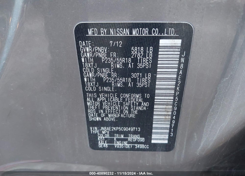 2012 NISSAN QUEST LE VIN: JN8AE2KP5C9049713