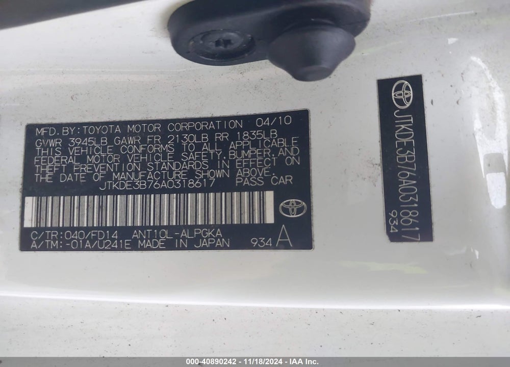 2010 SCION TC VIN: JTKDE3B76A0318617