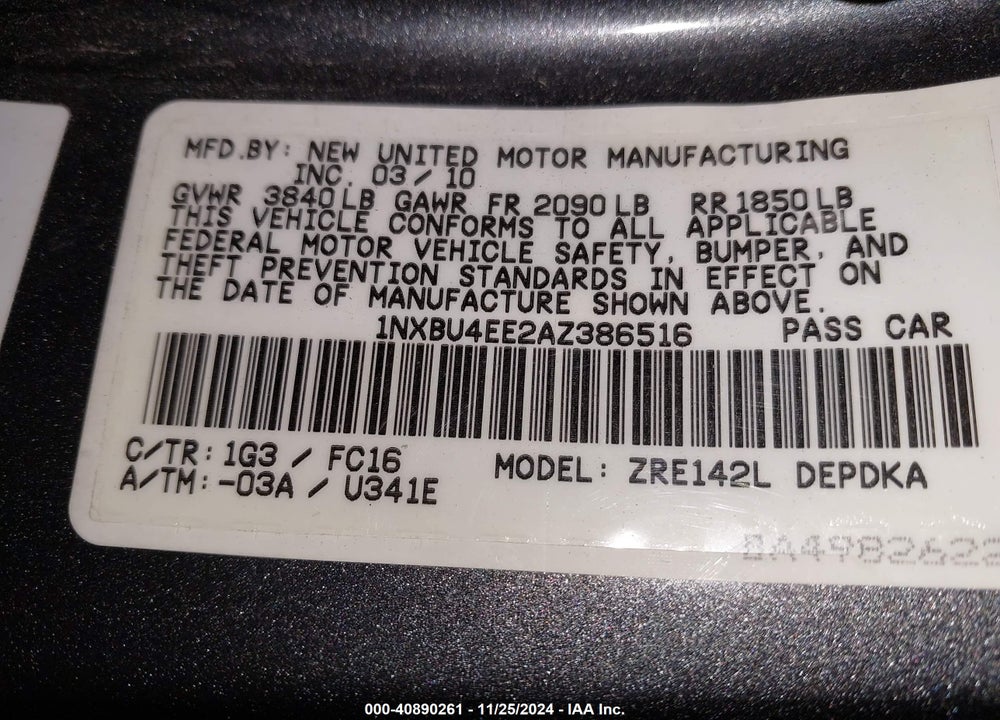 2010 TOYOTA COROLLA LE VIN: 1NXBU4EE2AZ386516
