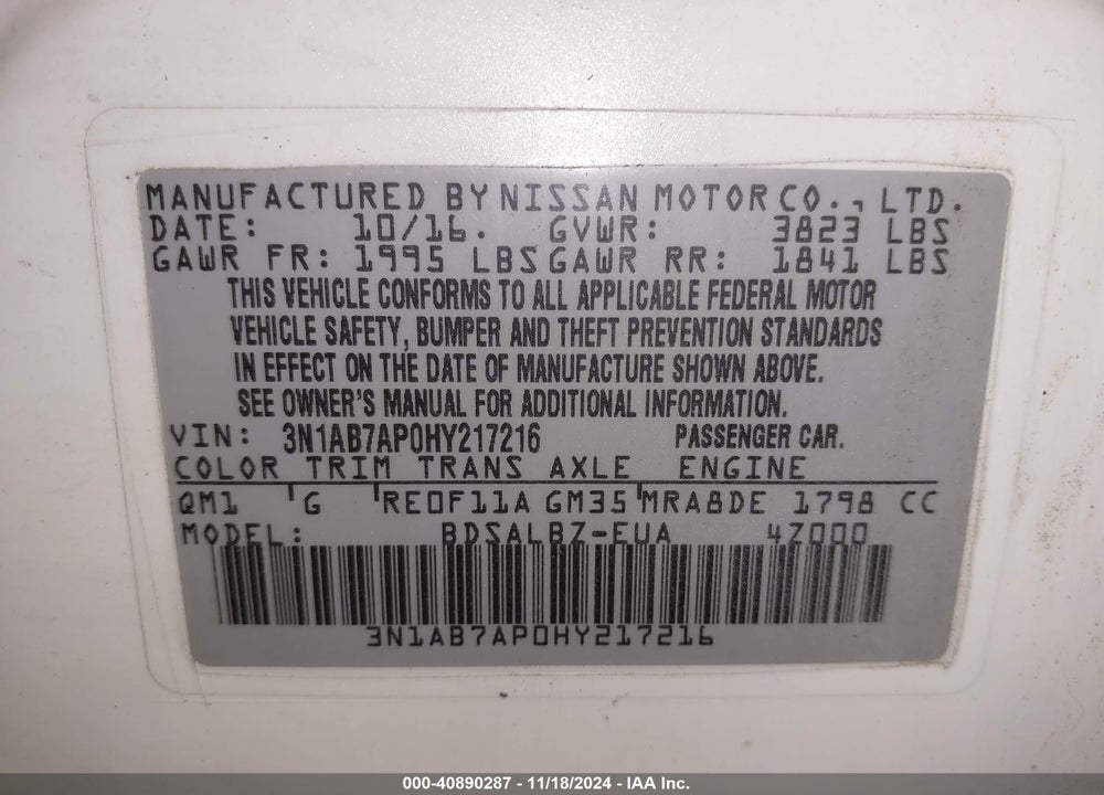 2017 NISSAN SENTRA VIN: 3N1AB7AP0HY217216