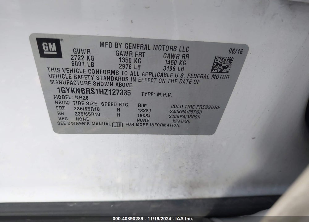 2017 CADILLAC XT5 LUXURY VIN: 1GYKNBRS1HZ127335