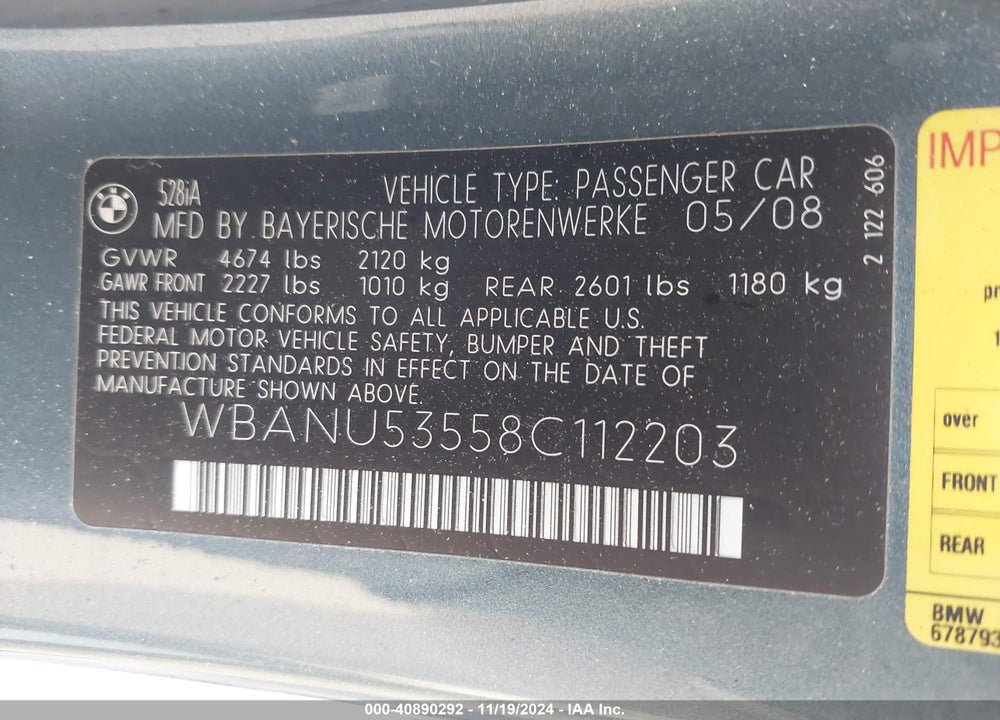 2008 BMW 528I VIN: WBANU53558C112203