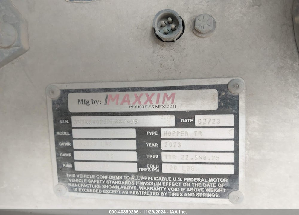 2023 MAXXIM INDUSTRIES S.A. HOPPER TRAILER VIN: 3M9KS4023PL084935