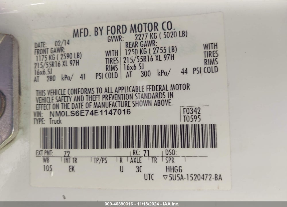 2014 FORD TRANSIT CONNECT XL VIN: NM0LS6E74E1147016