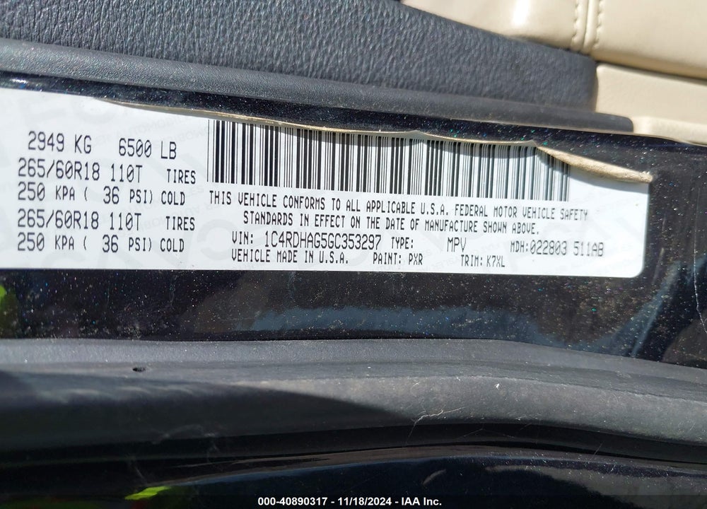 2016 DODGE DURANGO SXT VIN: 1C4RDHAG5GC353297