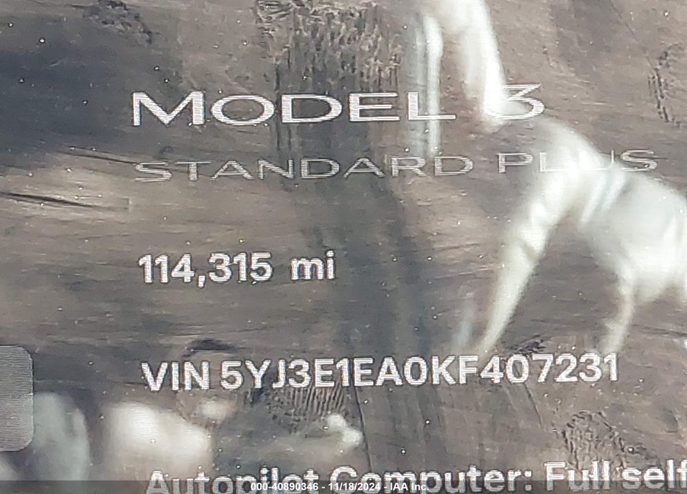 2019 TESLA MODEL 3 LONG RANGE/MID RANGE/STANDARD RANGE/STANDARD RANGE PLUS VIN: 5YJ3E1EA0KF407231