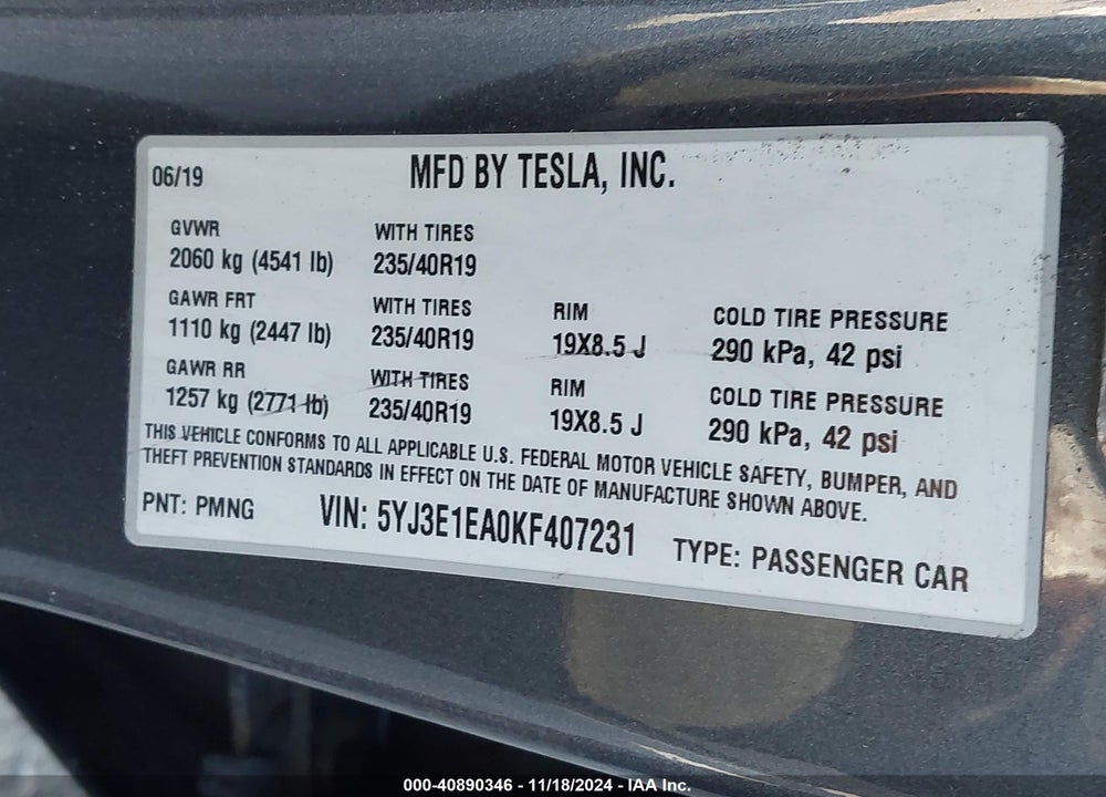 2019 TESLA MODEL 3 LONG RANGE/MID RANGE/STANDARD RANGE/STANDARD RANGE PLUS VIN: 5YJ3E1EA0KF407231