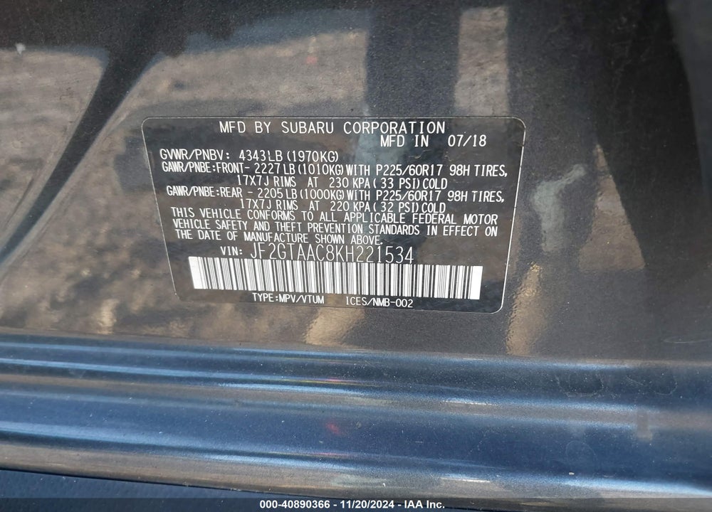 2019 SUBARU CROSSTREK 2.0I VIN: JF2GTAAC8KH221534