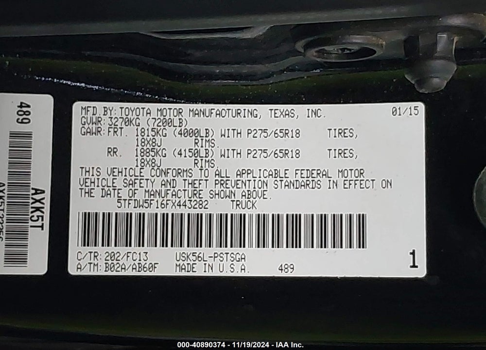 2015 TOYOTA TUNDRA SR5 5.7L V8 VIN: 5TFDW5F16FX443282