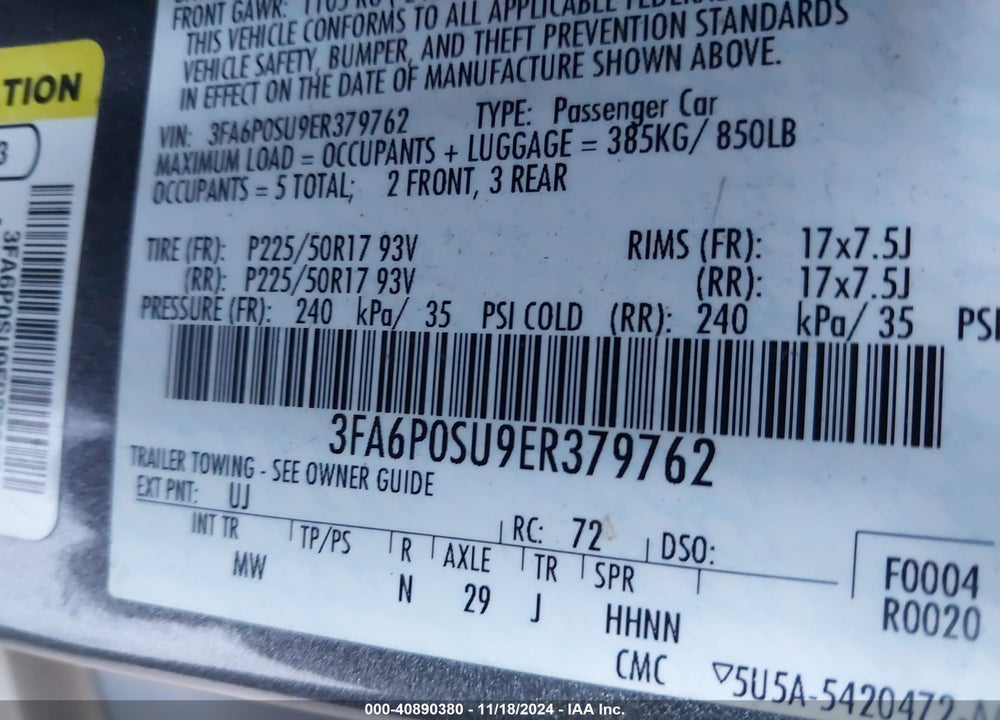 2014 FORD FUSION ENERGI TITANIUM VIN: 3FA6P0SU9ER379762