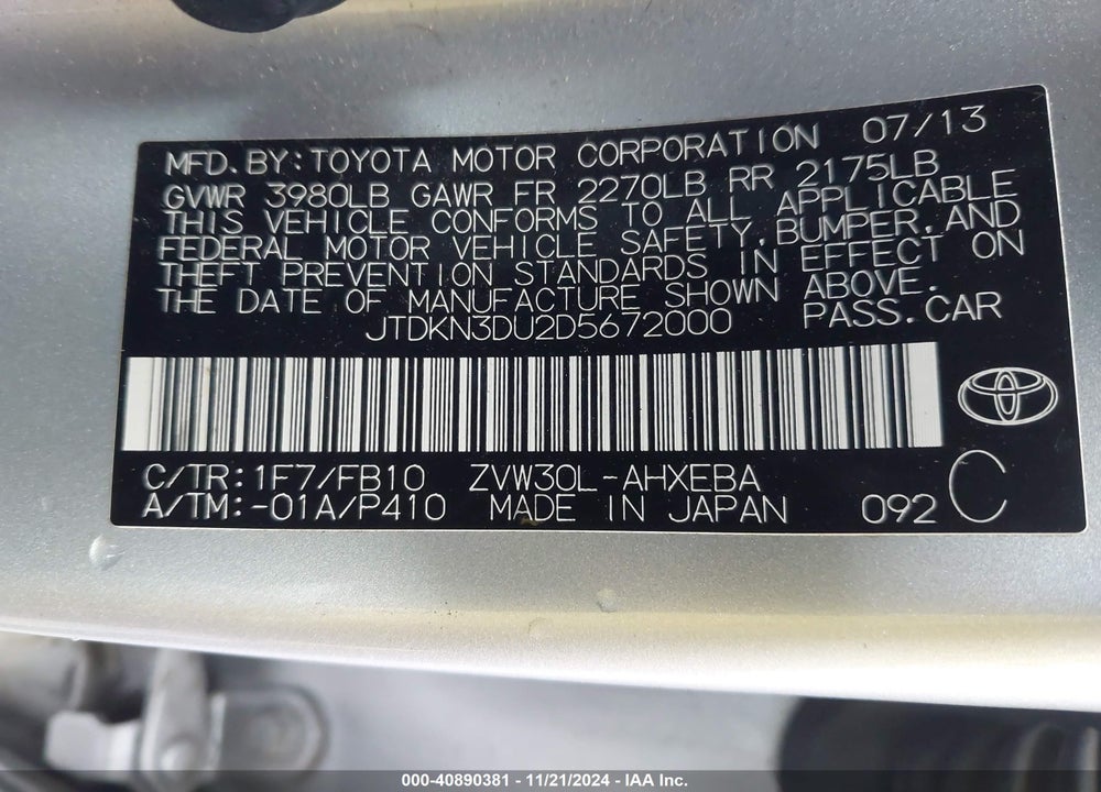 2013 TOYOTA PRIUS THREE VIN: JTDKN3DU2D5672000