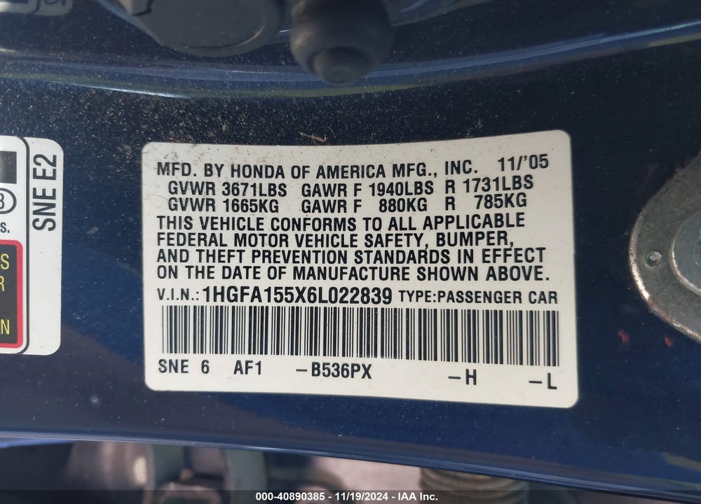 2006 HONDA CIVIC LX VIN: 1HGFA155X6L022839