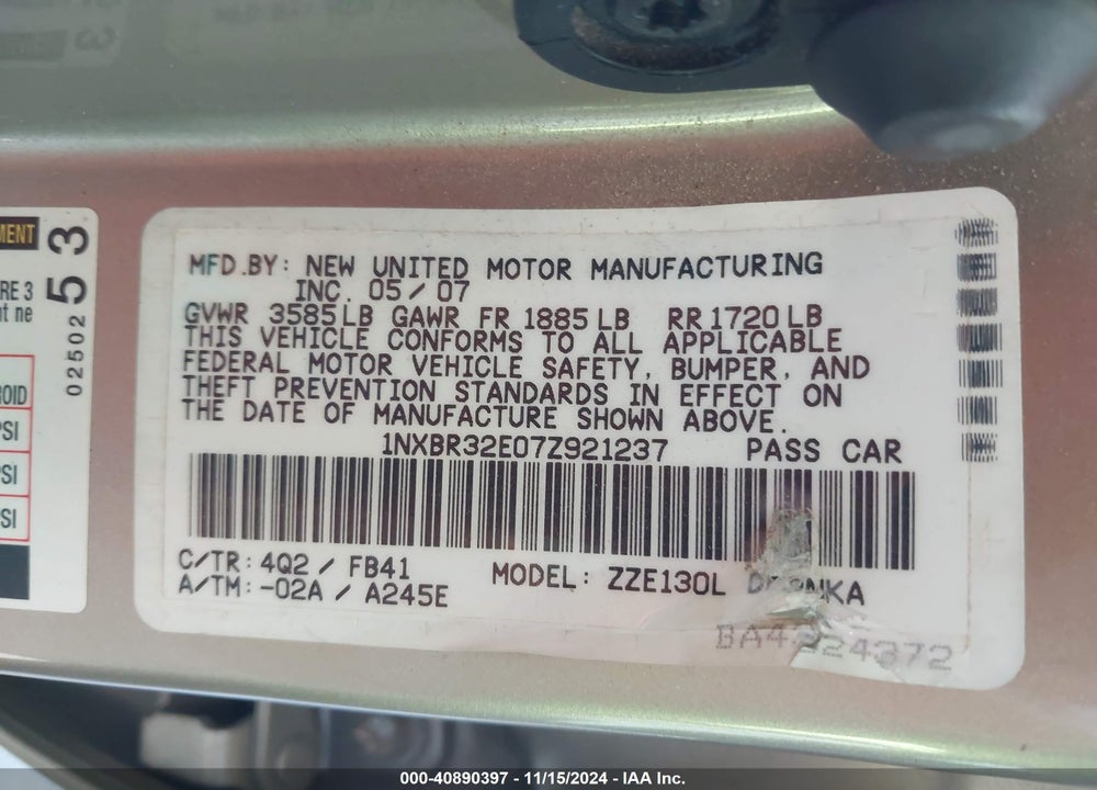2007 TOYOTA COROLLA LE VIN: 1NXBR32E07Z921237