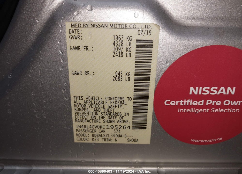 2019 NISSAN ALTIMA 2.5 SR VIN: 1N4BL4CV0KC195264