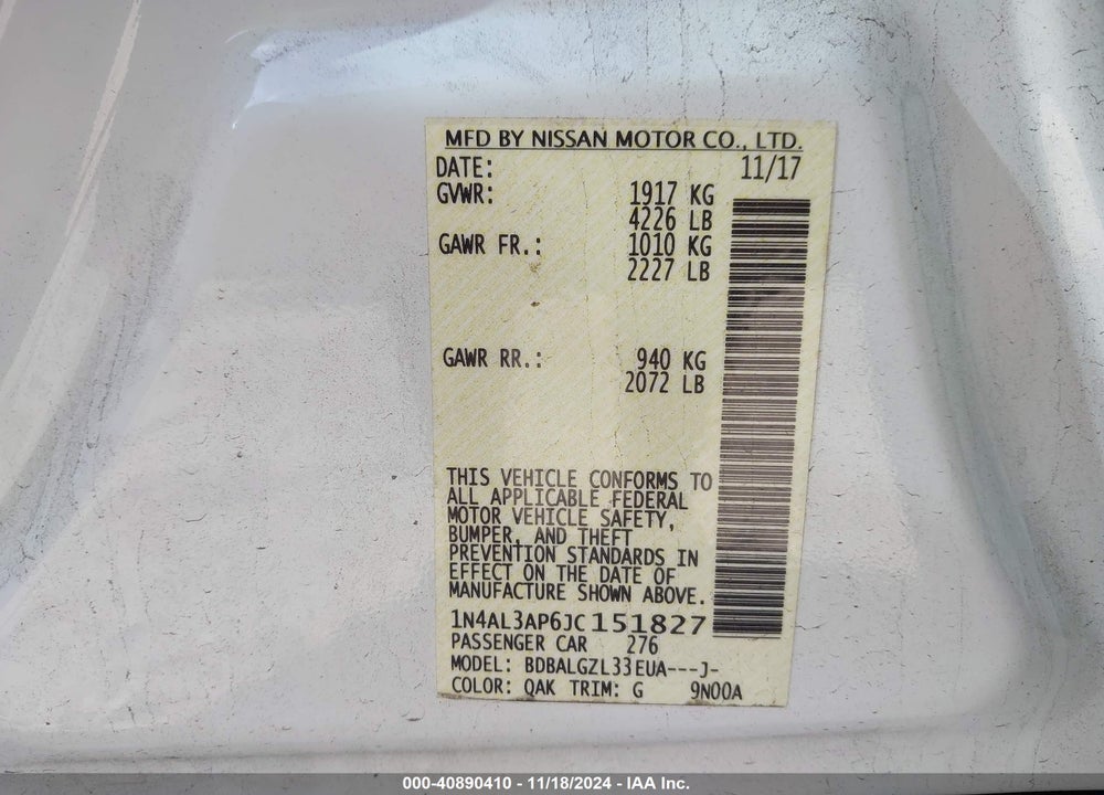 2018 NISSAN ALTIMA 2.5 S VIN: 1N4AL3AP6JC151827