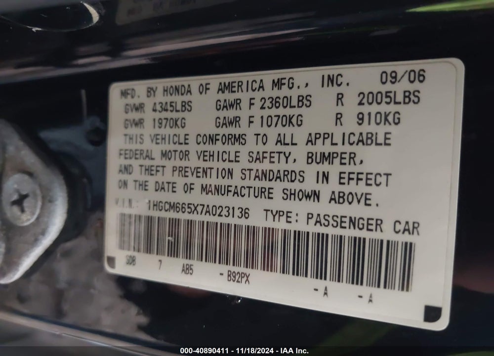 2007 HONDA ACCORD 3.0 EX VIN: 1HGCM665X7A023136