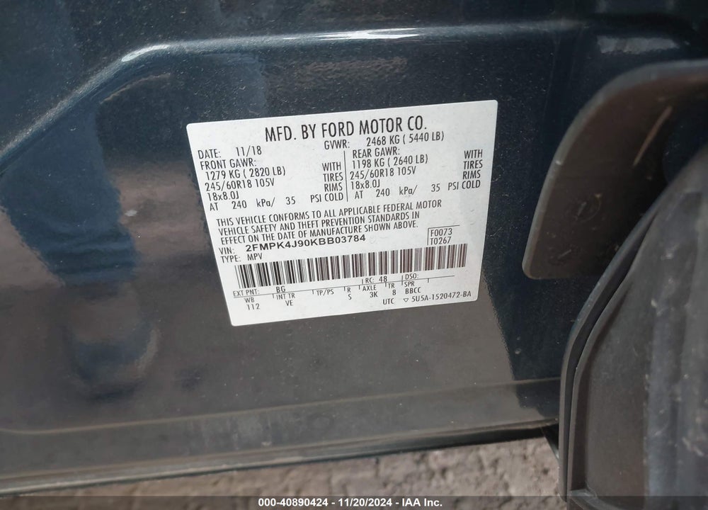 2019 FORD EDGE SEL VIN: 2FMPK4J90KBB03784