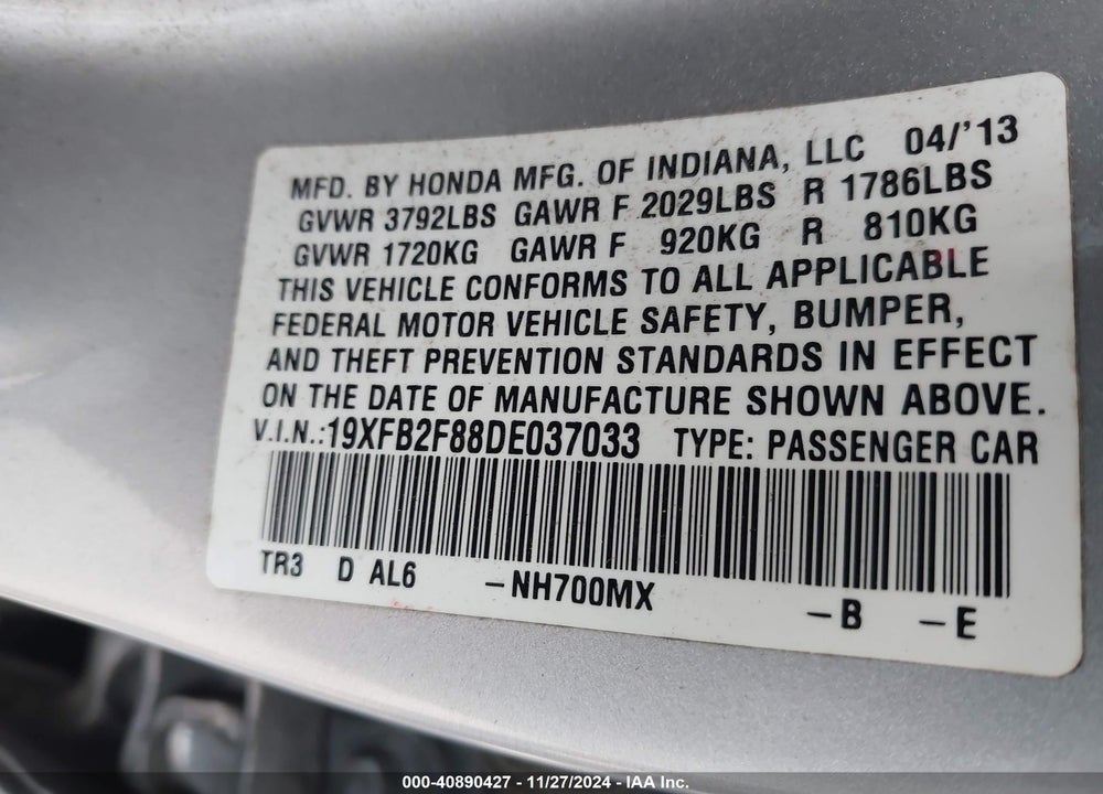 2013 HONDA CIVIC EX VIN: 19XFB2F88DE037033