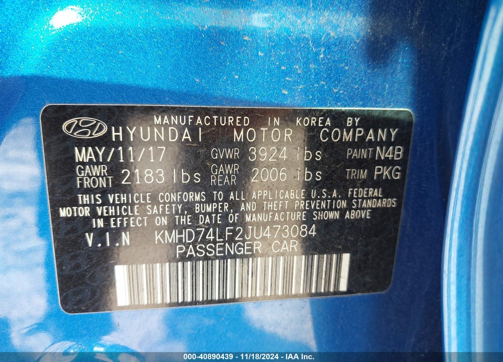 2018 HYUNDAI ELANTRA VIN: KMHD74LF2JU473084