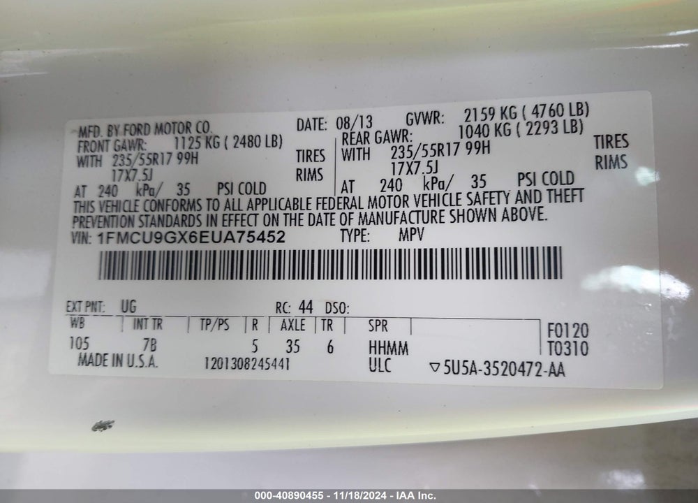 2014 FORD ESCAPE SE VIN: 1FMCU9GX6EUA75452