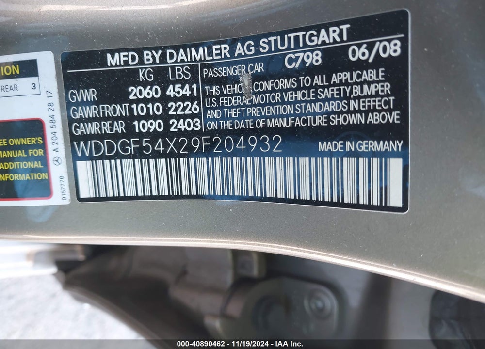 2009 MERCEDES-BENZ C 300 VIN: WDDGF54X29F204932