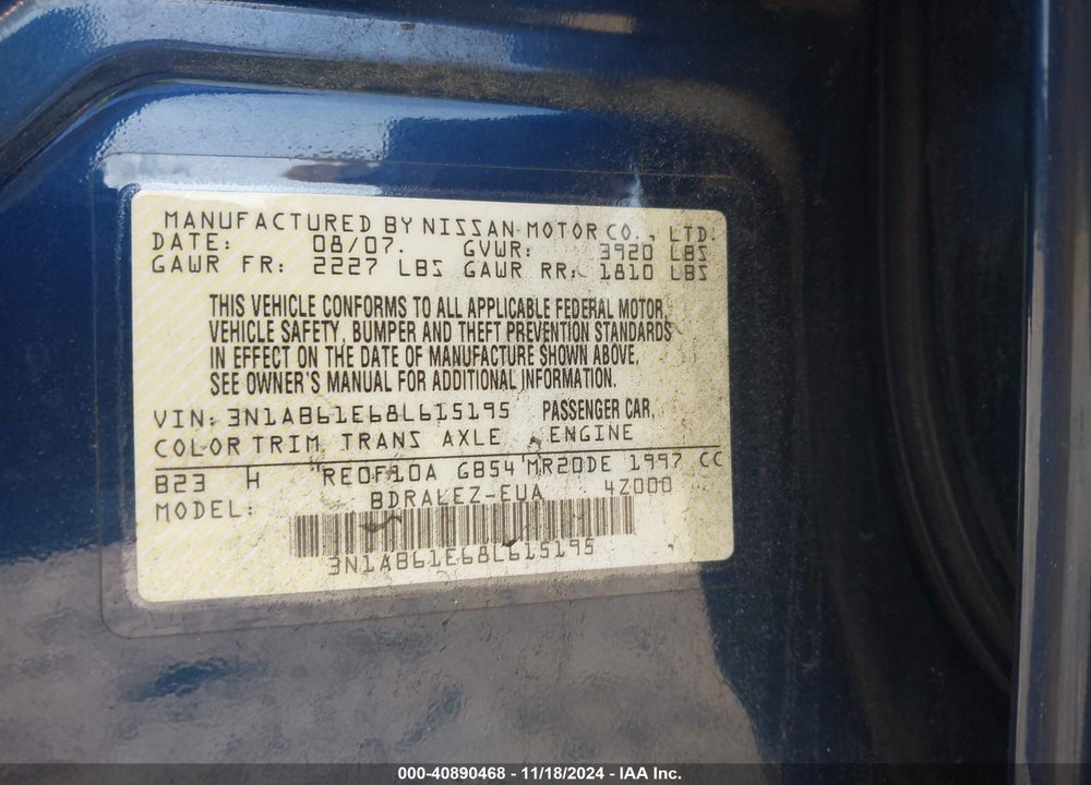 2008 NISSAN SENTRA 2.0S VIN: 3N1AB61E68L615195