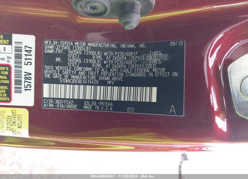 2014 TOYOTA SIENNA LE V6 8 PASSENGER VIN: 5TDKK3DC8ES414429