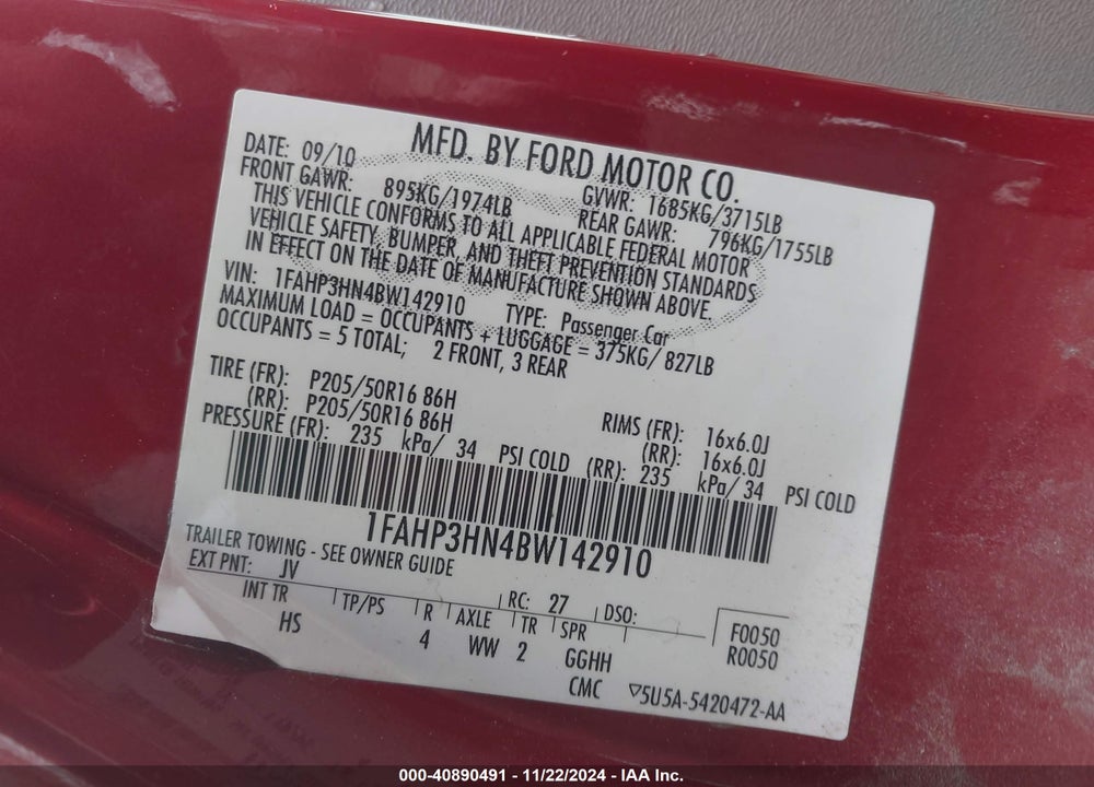 2011 FORD FOCUS SEL VIN: 1FAHP3HN4BW142910