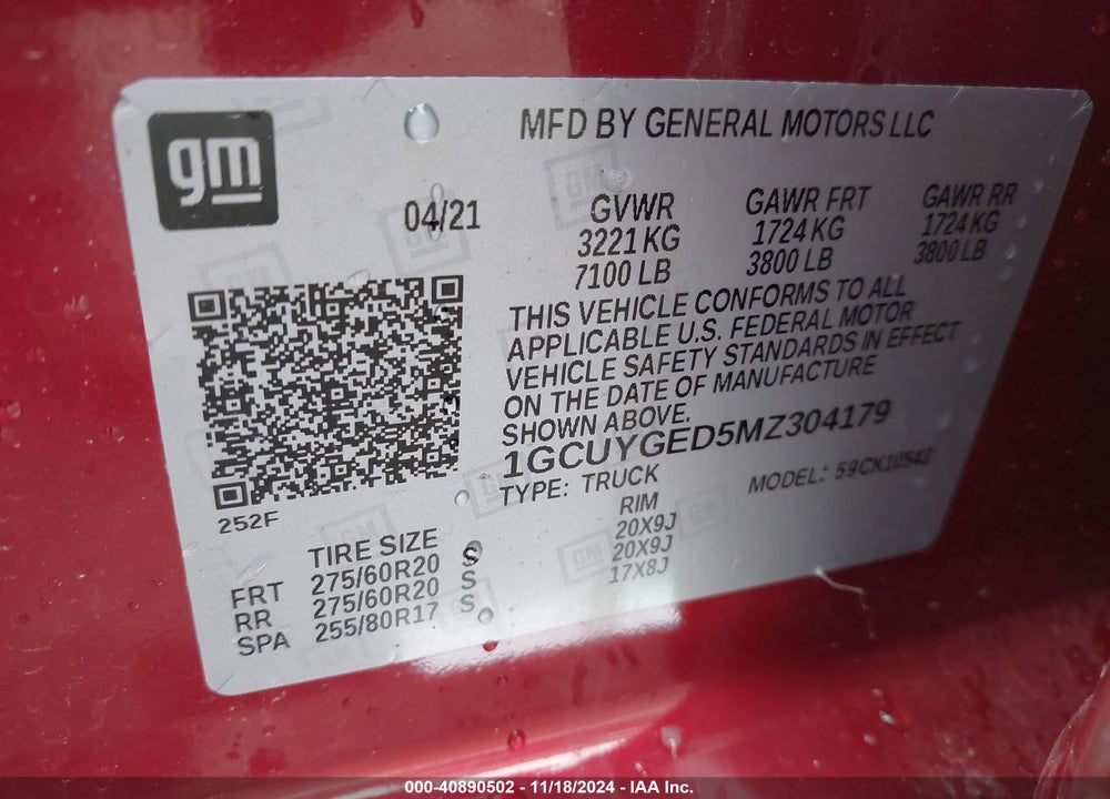 2021 CHEVROLET SILVERADO 1500 VIN: 1GCUYGED5MZ304179