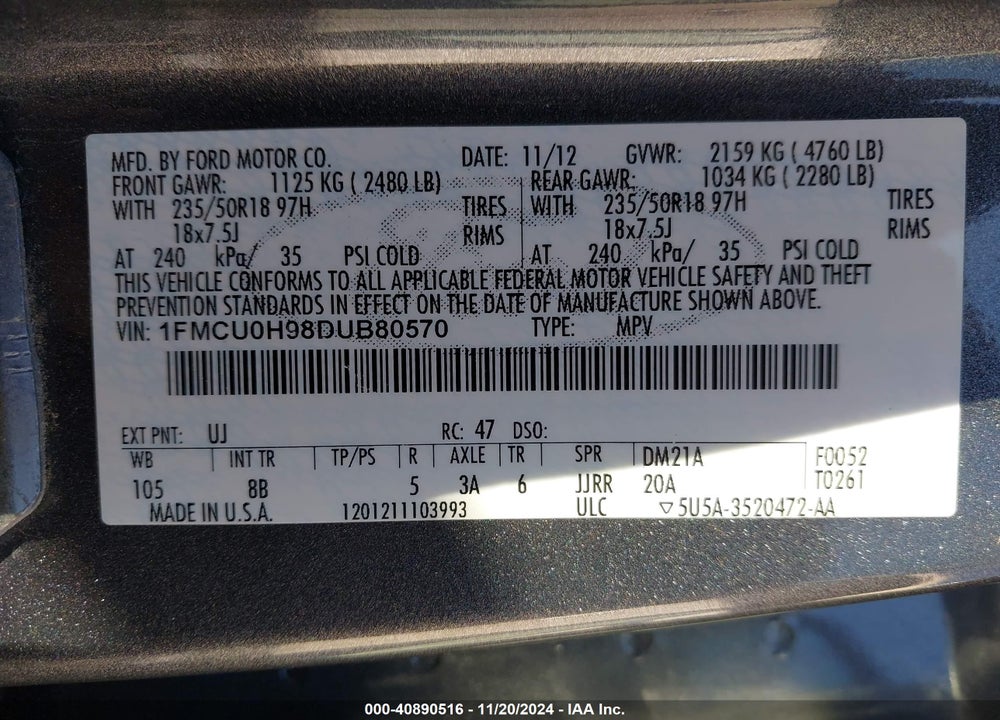 2013 FORD ESCAPE SEL VIN: 1FMCU0H98DUB80570