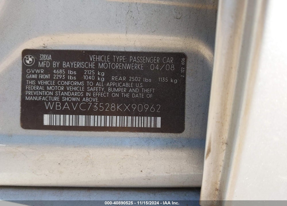 2008 BMW 328XI VIN: WBAVC73528KX90962