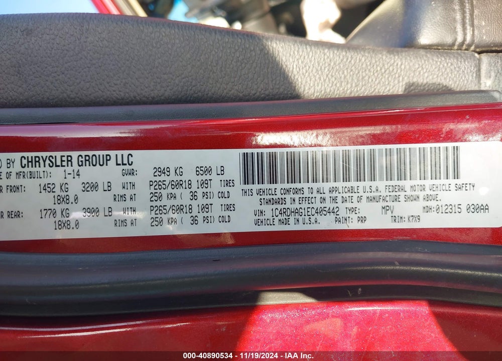 2014 DODGE DURANGO SXT VIN: 1C4RDHAG1EC405442