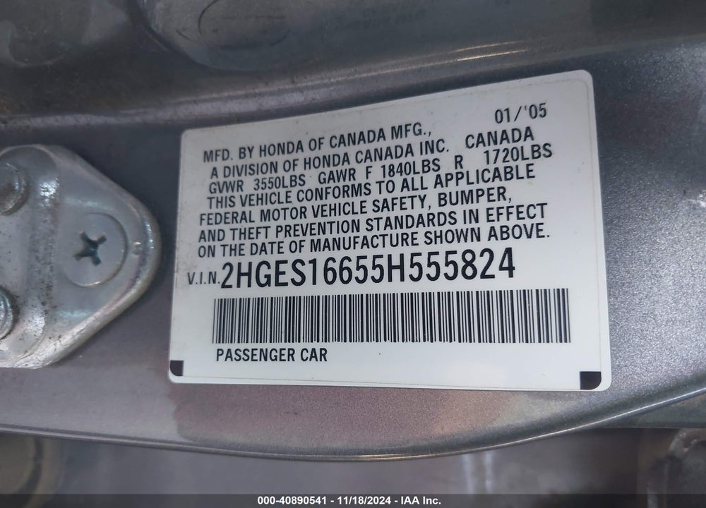 2005 HONDA CIVIC LX VIN: 2HGES16655H555824